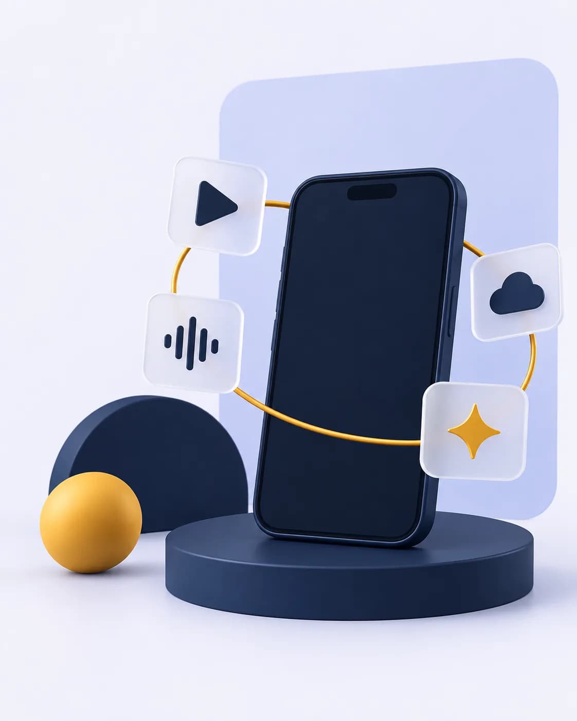 Téléphone entouré d'icônes de lecture, de son, de stockage et de création