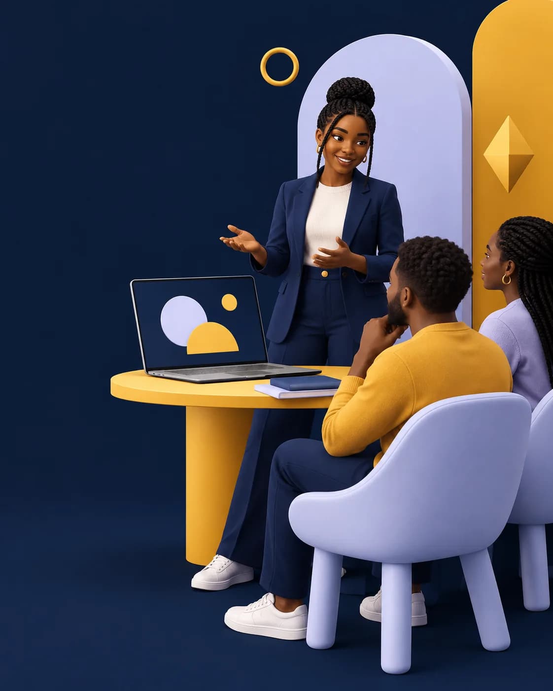 Formatrice présentant à deux apprenants devant un ordinateur